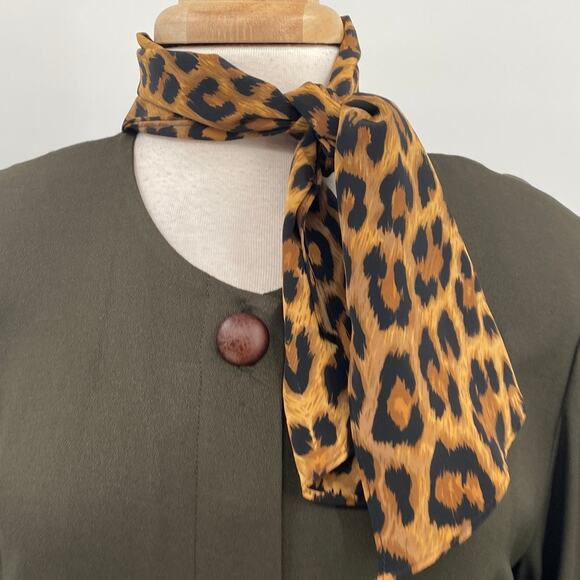 Vintage 80s Layered Blazer Dress Buckle Belted Midi Leopard Print Scarf Green 10 - Picture 4 of 9